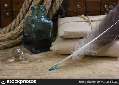 postal parcel, tobacco pipe and inkwell, still life