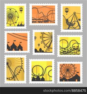 Postal stamp set with fair carousels silhouette. Postage mark collection with amusement park at colorful background, vector illustration. Holiday fair with ferris wheel at post mark. Postal stamp set with fair carousels silhouette