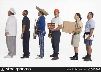 Postal worker, chef, delivery man, mariachi, ground controller and construction worker standing in line