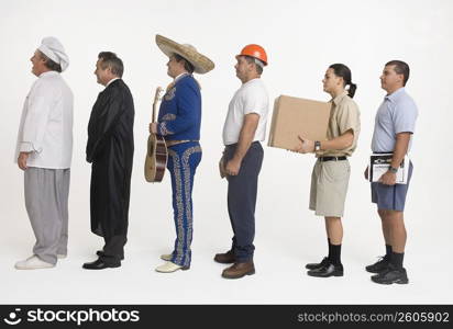 Postal worker, chef, delivery man, mariachi, ground controller and construction worker standing in line