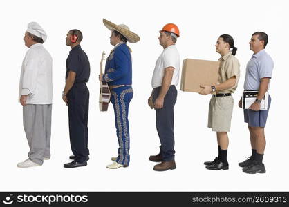 Postal worker, chef, delivery man, mariachi, ground controller and construction worker standing in line