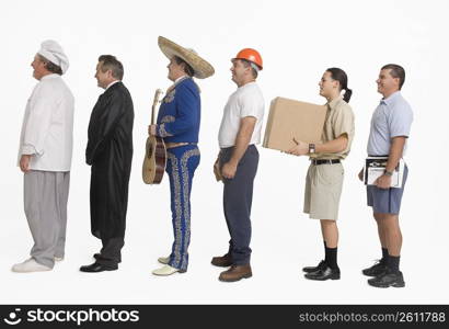 Postal worker, chef, delivery man, mariachi, ground controller and construction worker standing in line