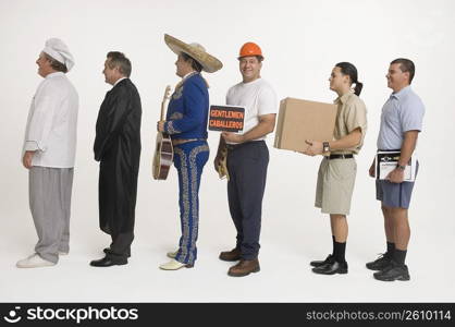 Postal worker, chef, delivery man, mariachi, judge and construction worker standing in line holding Gentlemen sign