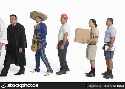 Postal worker, delivery man, mariachi, judge and construction worker standing in line
