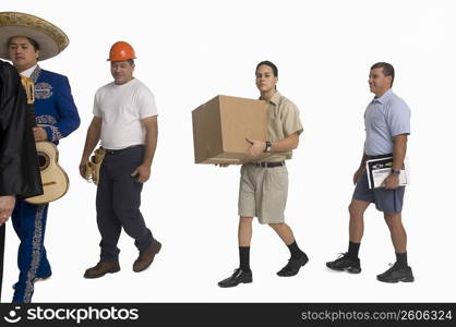 Postal worker, delivery man, mariachi, judge and construction worker walking