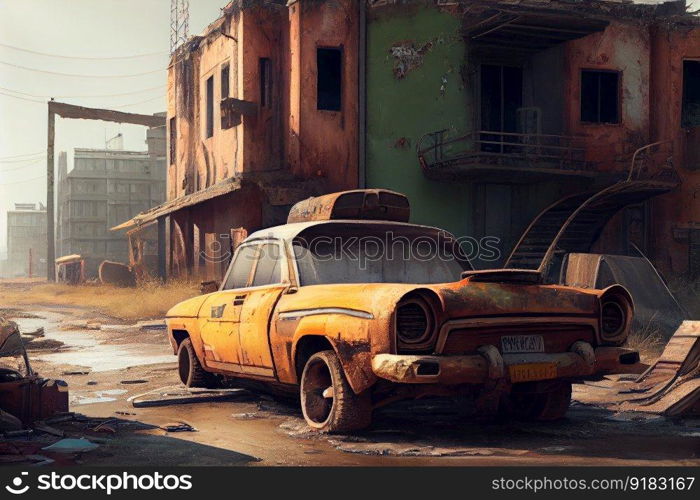 postapocalyptic city crammed with abandoned vehicles, broken signs, and decaying buildings, created with generative ai. postapocalyptic city crammed with abandoned vehicles, broken signs, and decaying buildings