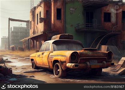 postapocalyptic city crammed with abandoned vehicles, broken signs, and decaying buildings, created with generative ai. postapocalyptic city crammed with abandoned vehicles, broken signs, and decaying buildings