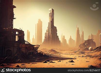 postapocalyptic city, with view of destroyed skyline and missing buildings, created with generative ai. postapocalyptic city, with view of destroyed skyline and missing buildings