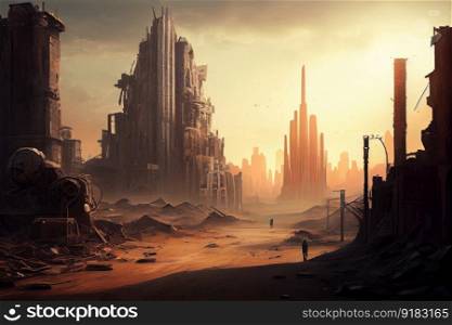 postapocalyptic city, with view of the broken skyline and shattered buildings in the distance, created with generative ai. postapocalyptic city, with view of the broken skyline and shattered buildings in the distance