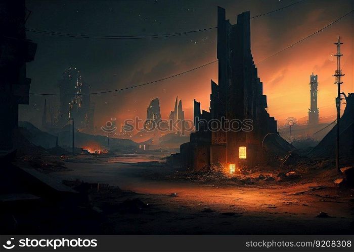 postapocalyptic cityscape at night, with the glow of fire and searchlights in the distance, created with generative ai. postapocalyptic cityscape at night, with the glow of fire and searchlights in the distance