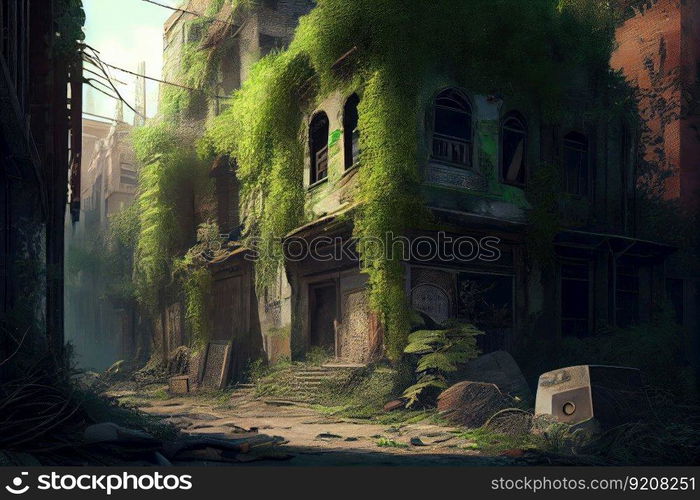 postapocalyptic cityscape of crumbling buildings and overgrown greenery, created with generative ai. postapocalyptic cityscape of crumbling buildings and overgrown greenery