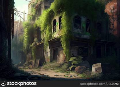 postapocalyptic cityscape of crumbling buildings and overgrown greenery, created with generative ai. postapocalyptic cityscape of crumbling buildings and overgrown greenery