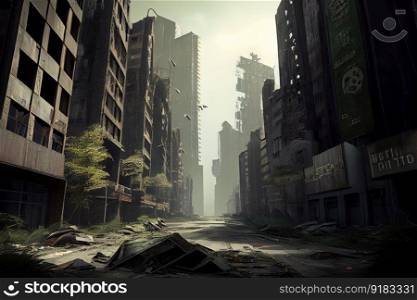 postapocalyptic cityscape, with rows of empty skyscrapers and broken windows, created with generative ai. postapocalyptic cityscape, with rows of empty skyscrapers and broken windows