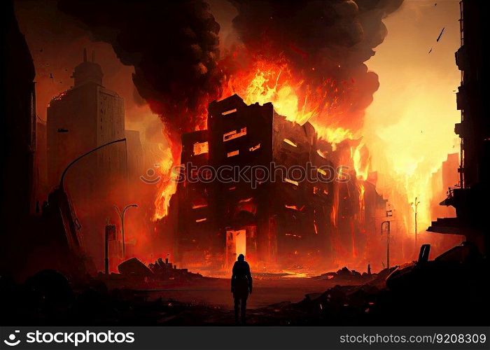 postapocalyptic cityscape with smoke and flames rising from the rubble, created with generative ai. postapocalyptic cityscape with smoke and flames rising from the rubble