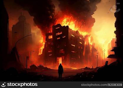 postapocalyptic cityscape with smoke and flames rising from the rubble, created with generative ai. postapocalyptic cityscape with smoke and flames rising from the rubble
