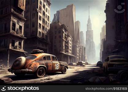 postapocalyptic cityscape, with towering skyscrapers and rusty cars in the streets, created with generative ai. postapocalyptic cityscape, with towering skyscrapers and rusty cars in the streets