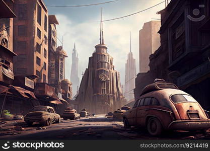 postapocalyptic cityscape, with towering skyscrapers and rusty cars in the streets, created with generative ai. postapocalyptic cityscape, with towering skyscrapers and rusty cars in the streets