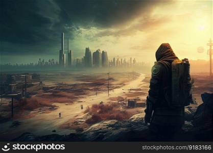 postapocalyptic cityscape, with view of the ruined skyline and radiation storm in the distance, created with generative ai. postapocalyptic cityscape, with view of the ruined skyline and radiation storm in the distance