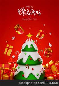 Postcard of Christmas tree surrounded by gift box, 3d illustration