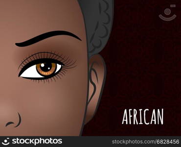 Poster design with African woman face. Poster design with woman of African type on decorative background. Vector illustration