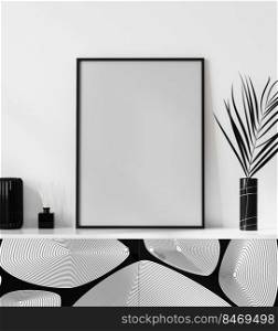 poster frame mock up in bright modern interior with white wall, parfume, candle and cotton flower in vase, luxury interior background, 3d rendering