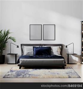 poster frame mock up in home bedroom interio with bed and dark blue pillow, bedside tables, plant with white wall, 3d illustration