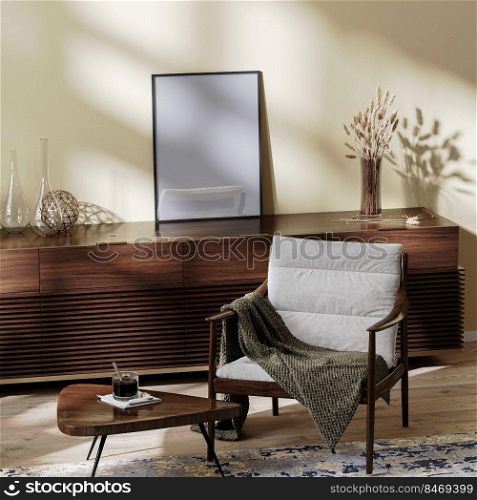 poster frame mock up in living room interior, cozy armchair with coffee table and decoration, living environment, home interior, 3d rendering