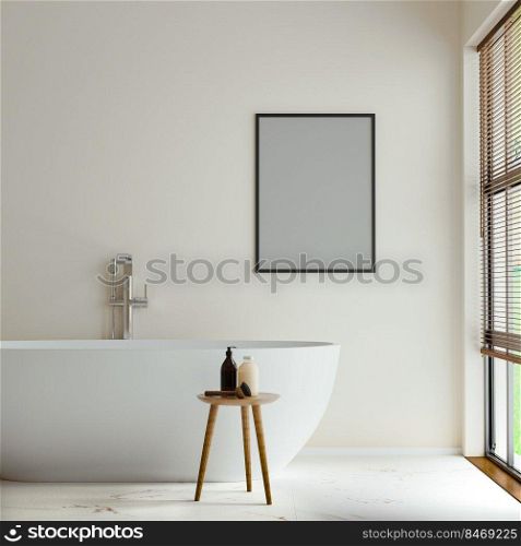 poster frame mock up in modern bathroom interior with free stand bathtub near window, 3d rendering