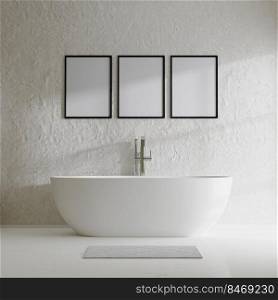 poster frame mock up in modern bathroom with bathtub and decorative concrete wall with sunlight shadow, 3d rendering