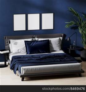 poster frame mock up in modern bedroom interior in dark blue colors with black bed and bedding tables, wooden floor and green plant, 3d rendering