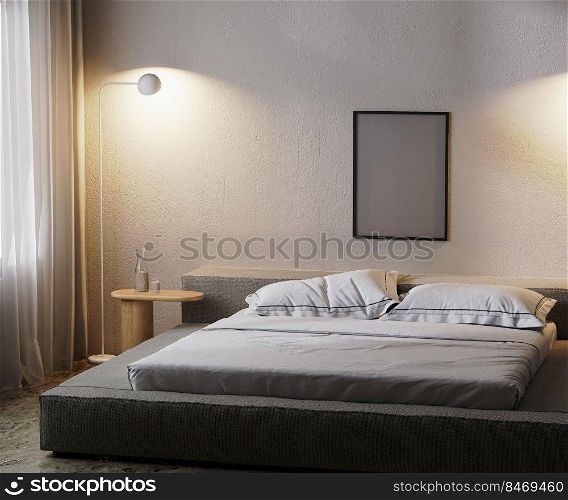 poster frame mock up in modern bedroom interior in dark with l&light, 3d rendering
