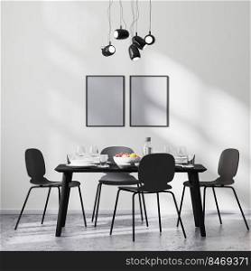 poster frame mock up in modern dining room interior with black table and chairs and white wall with sunbeams, concrete floor, minimalist style, scandinavian, 3d rendering