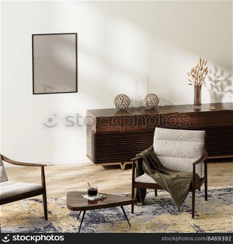 poster frame mock up in modern living room background, home interior with dark wooden furniture and white wall, 3d rendering