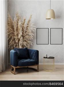 Poster frame mock up in modern living room interior background with dark blue armchair and gray wall, minimalistic scandinavian style, 3d illustration