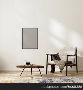 poster  frame mock up in scandinavian minimalist interior background with armchair with blanket and coffee table, rug, empty white wall mock up, 3d rendering