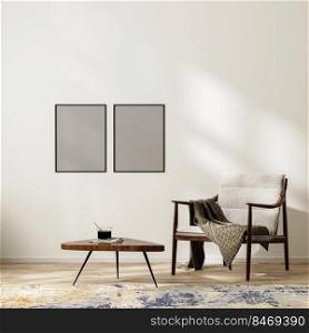 poster  frame mock up in scandinavian minimalist interior background with armchair with blanket and coffee table, rug, empty white wall mock up, 3d rendering