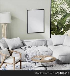 poster frame mock up luxury living room interior with gray sofa with tropical background in window, 3d rendering