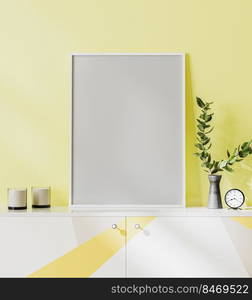 Poster frame mock up on yellow wall background, standing on white, gray and yellow chest of drawers with decorations, 3d rendering