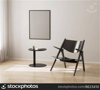 Poster frame mockup on white wall, black chair and coffee table, 3d render
