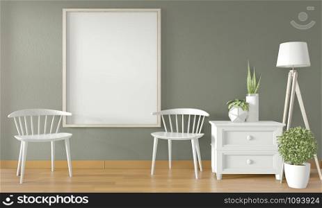 Poster frame on green wall and white chair and decoration minimal design.3D rendering