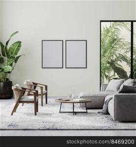 poster frames in modern living room interior with beige wall, gray and wooden furniture and tropical plants with palm leaves, 3d rendering