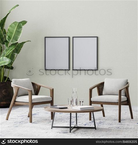 poster frames in room with two chairs and coffee table on rug, tropical plant in pot, empty wall, 3d rendering