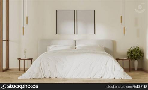 Poster frames mock up above bed in modern bedroom interior, 3d render