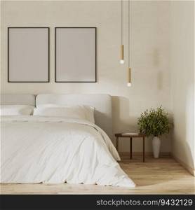 Poster frames mock up above bed in modern bedroom interior, 3d render