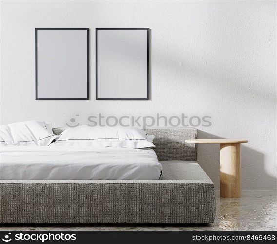 poster frames mock up in bedroom interior, minimalist style, white wall, 3d render