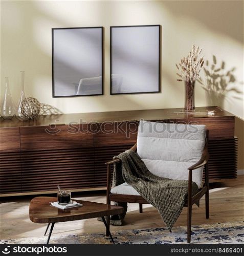 poster frames mock up in living room interior, cozy armchair with coffee table and decoration, living environment, home interior, 3d rendering