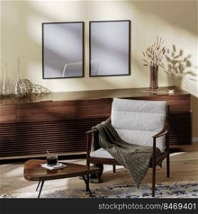 poster frames mock up in living room interior, cozy armchair with coffee table and decoration, living environment, home interior, 3d rendering