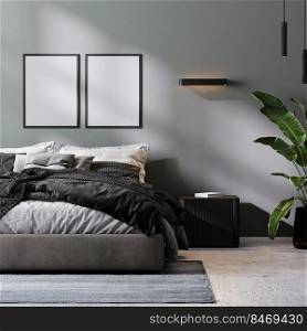 poster frames mock up in modern bedroom interior in gray tones, 3d rendering
