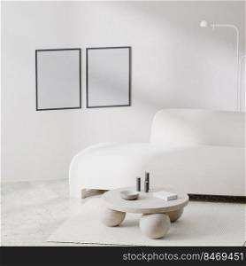 poster frames mock up in modern living room interior in white color with white sofa and marble floor,  3d rendering