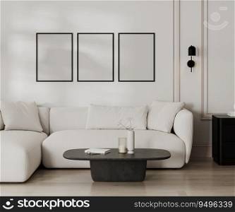 poster frames mock up in modern living room with white sofa and wall with moldings, black and white french style, 3d render
